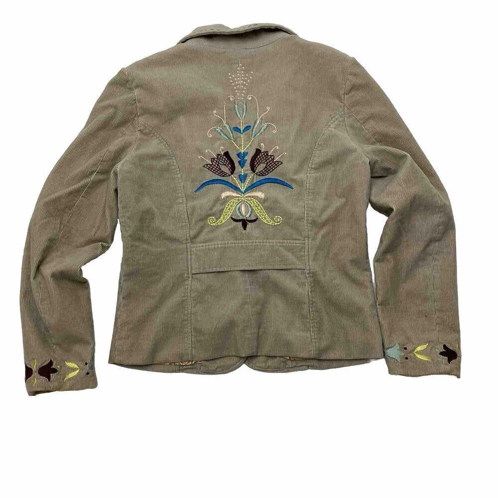 Sisters Floral Embroidered Tan Boho Corduroy Long Sleeve Blazer Size Medium